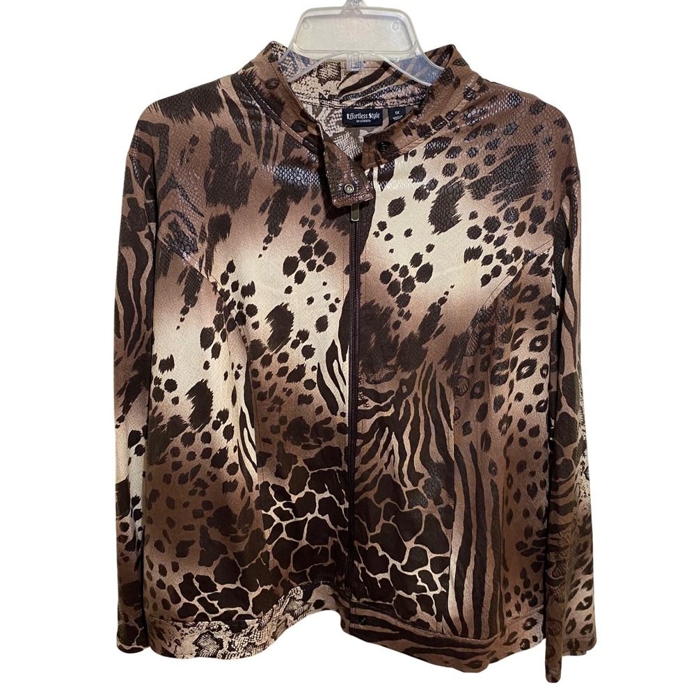 Effortless Style by Citiknits Animal Print Zip‎ Front Jacket Brown Plus Size 1X